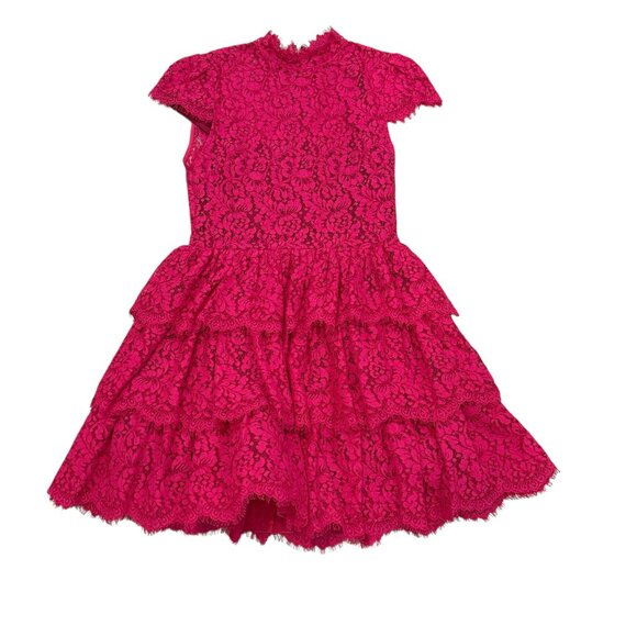 Alice and Olivia Fuschia Pink Lace Mock Neckk dress ruffled tiered mini cotton 6 - Picture 2 of 9